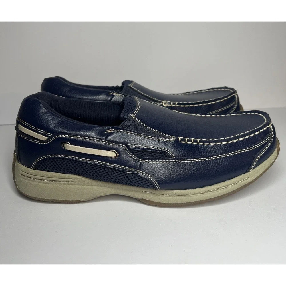 Dr Scholls Navy Blue Leather Slip On Loafers Mens 9 3E Wide Boat Shoes 42J-03